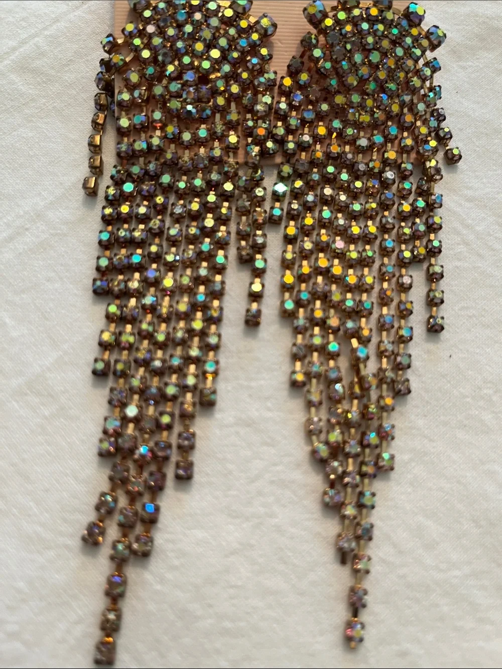 C.C Gold Iridescent Fringe Crystal Drop Earrings